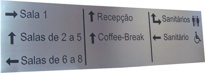 Placa de sinalização indicativa com setas e figuras indicando local das salas, recepção e sanitários.